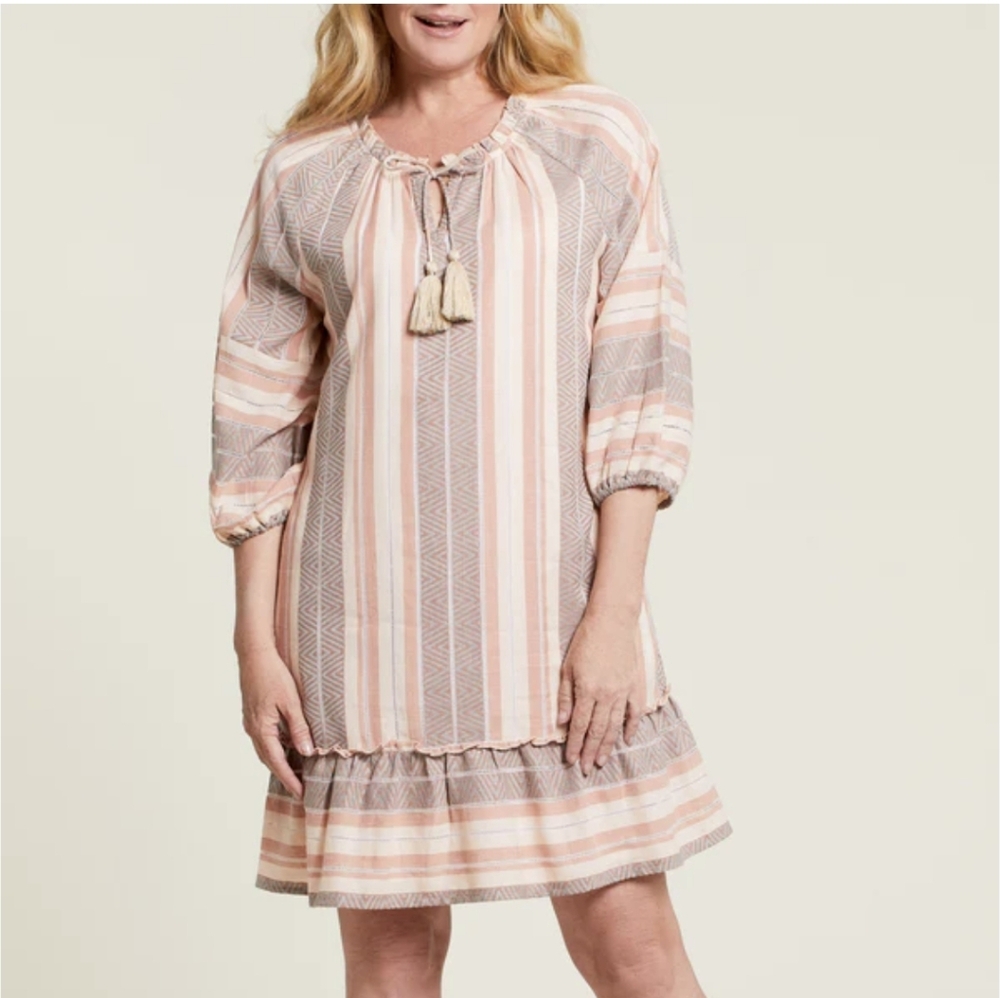 Tribal‎ Striped Cotton Dress Ruffle Neutral Size S New